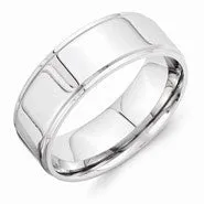 Vitalium Polished 8mm Ridged Edge Flat Wedding Band Ring