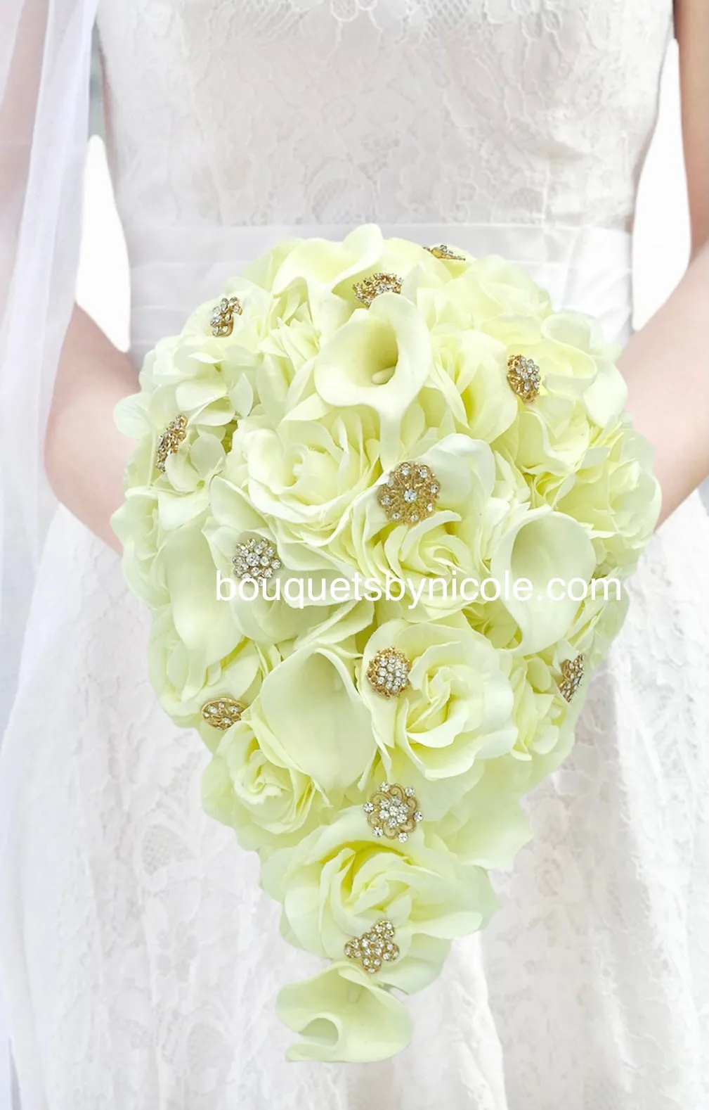 White or Ivory Cascade Real Touch Roses Brooch Bouquet