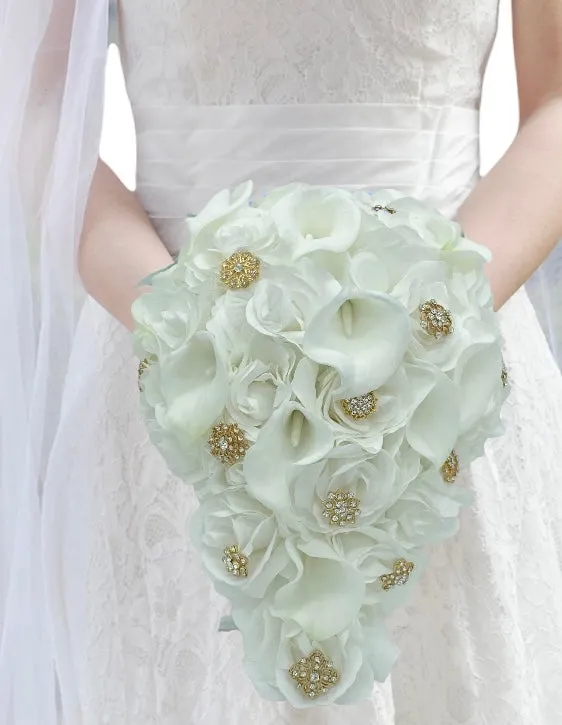 White or Ivory Cascade Real Touch Roses Brooch Bouquet