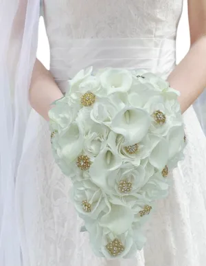 White or Ivory Cascade Real Touch Roses Brooch Bouquet