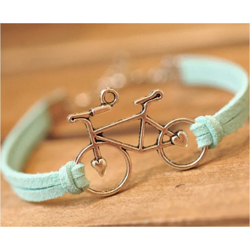 Women Jewelry Vintage Leather Rope Bicycle Charm Bracelets Personalized Handmade Rope Chain Bike Wrap Bracelet Cuff Bangle