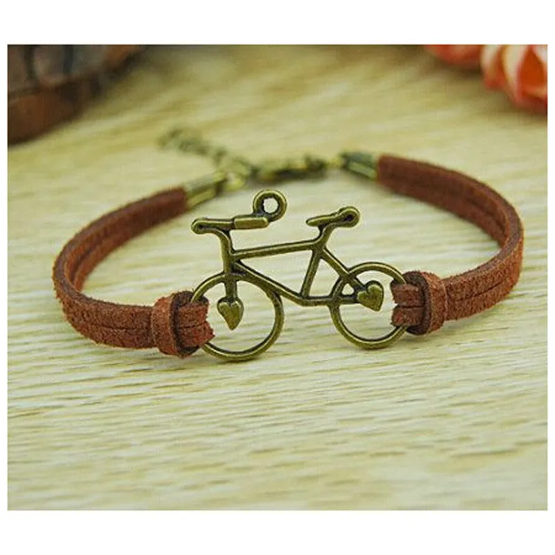 Women Jewelry Vintage Leather Rope Bicycle Charm Bracelets Personalized Handmade Rope Chain Bike Wrap Bracelet Cuff Bangle